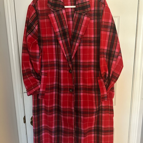 Red and Pink Plaid Poly-wool coat. Size XL. Never worn. - Picture 2 of 4